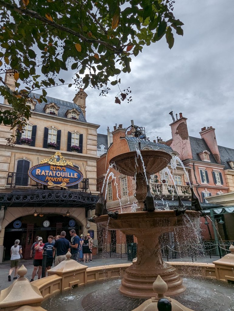 Entrance to Remy's Ratatouille Adventure ride in the Paris area of Epcot's world showcase.